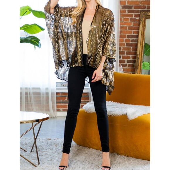 Bijorca Gold Sequin Short Kimono Scallop Wave Pattern Size OS - Picture 2 of 10